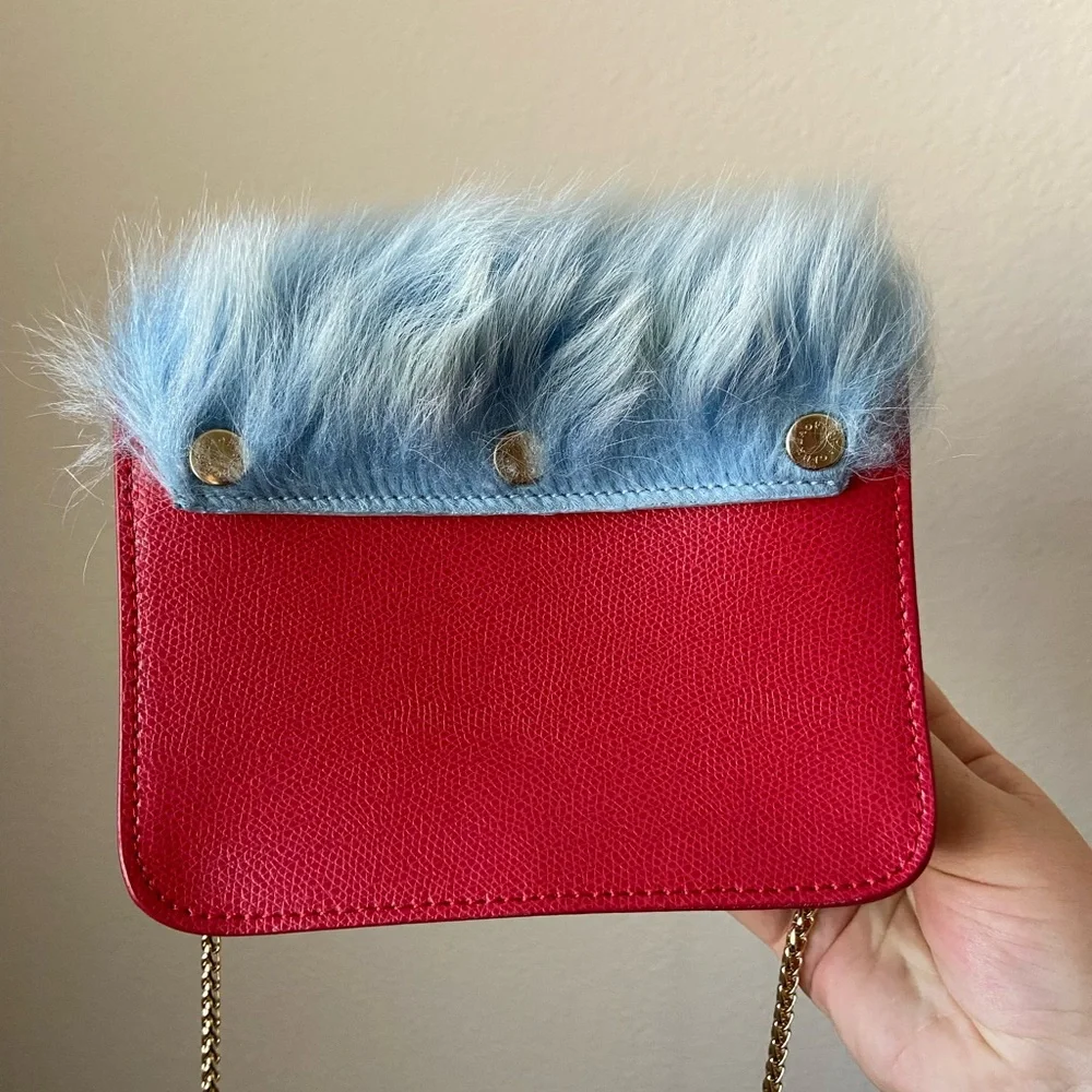 Furla metropolis small pink leather and blue faux fur bag